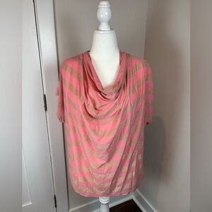 Seven7 Sparkly Coral Pink & Gold Striped Cowl Neck Top | Plus Size 2X/3X